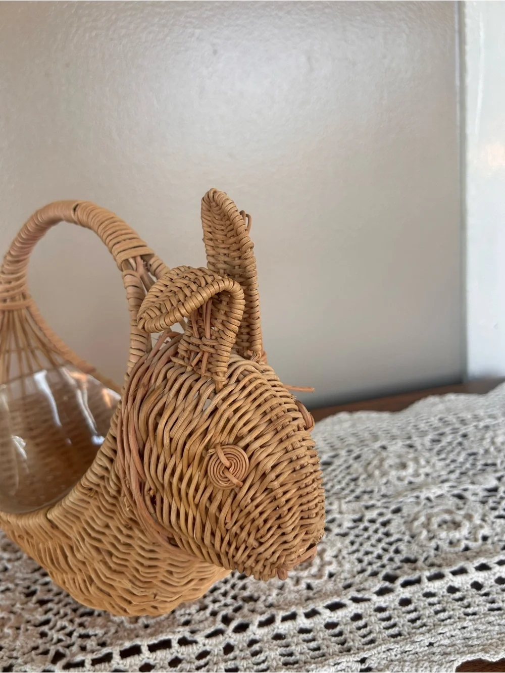 Vintage Wicker Rattan Bunny Basket w/Handle and Liner Easter Spring Cottagecore